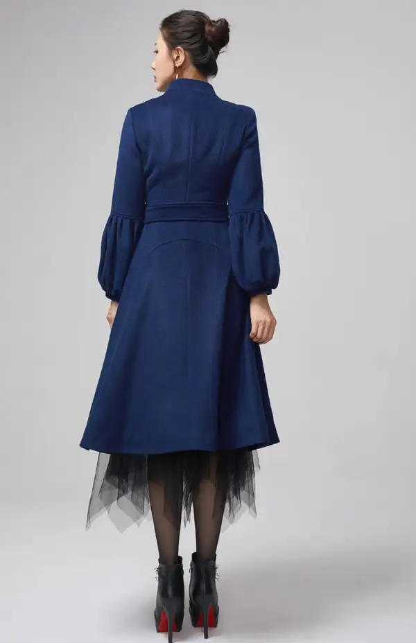 Wool Blend Belted Lantern Sleeve Pocketed Midi Coat