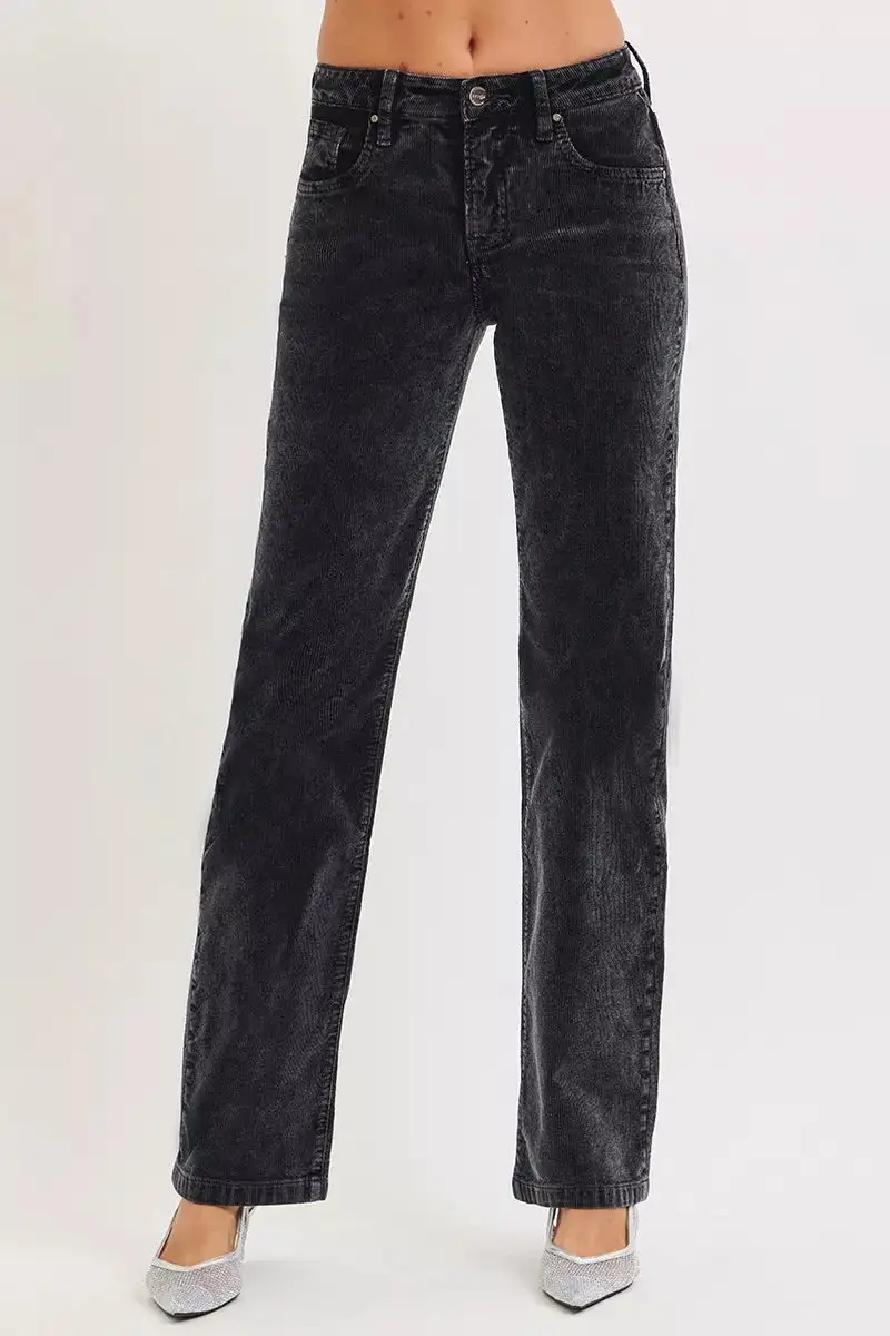 Straight Leg Mid Rise Corduroy Pocketed Pants