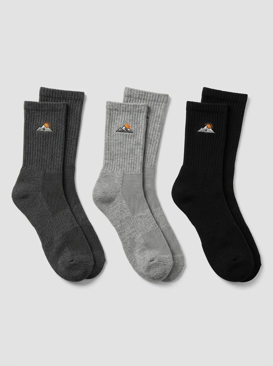 Men's Three-Pair Mountain Sun Embroidered Crew Sock Set