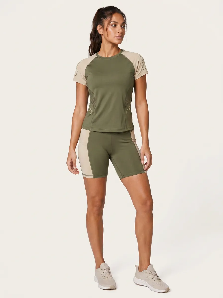 Women's Athletic Fitness Olive Beige Color-Blocked Printed Set