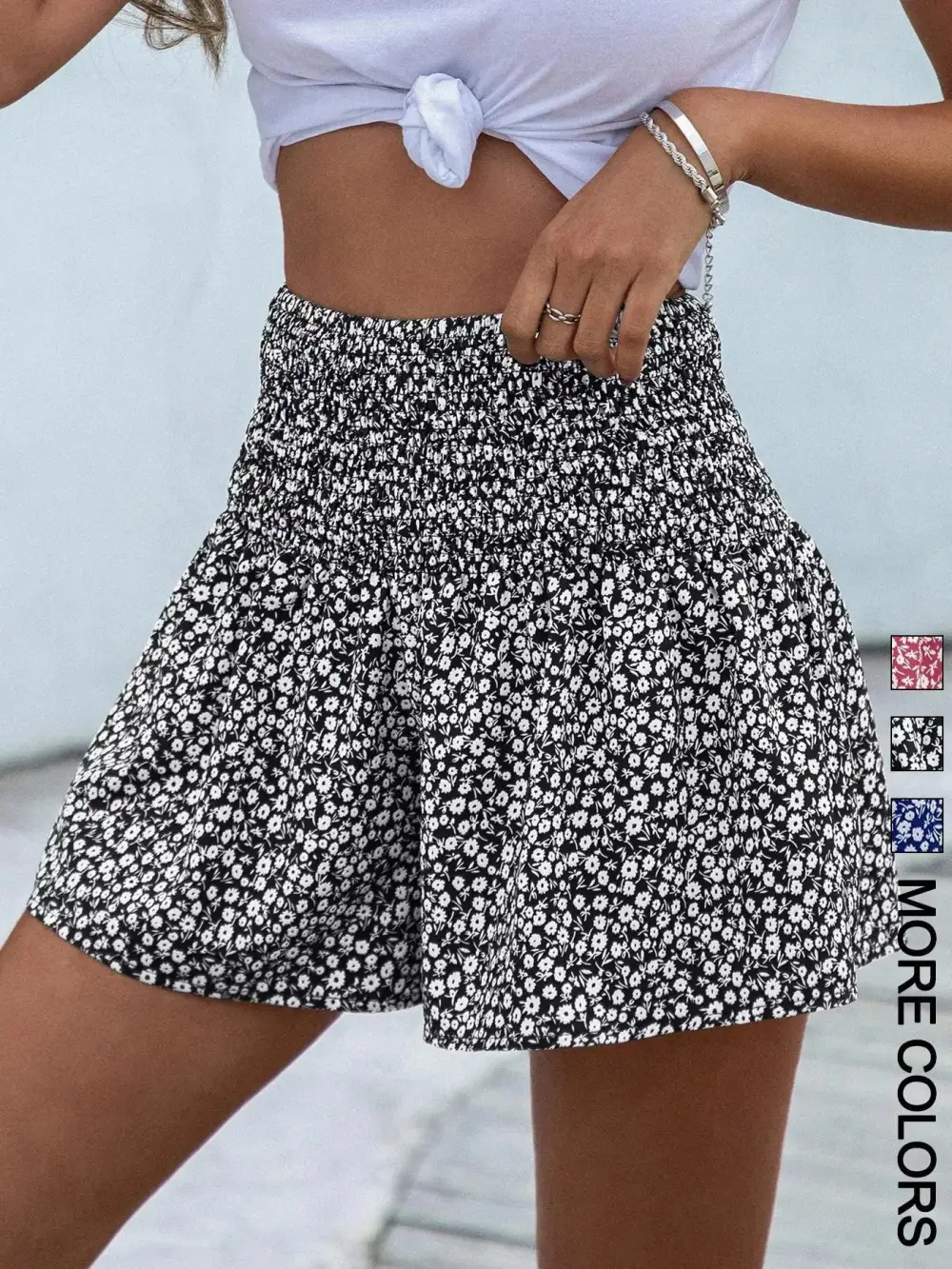 Elastic-Waist Floral-Print Casual Shorts
