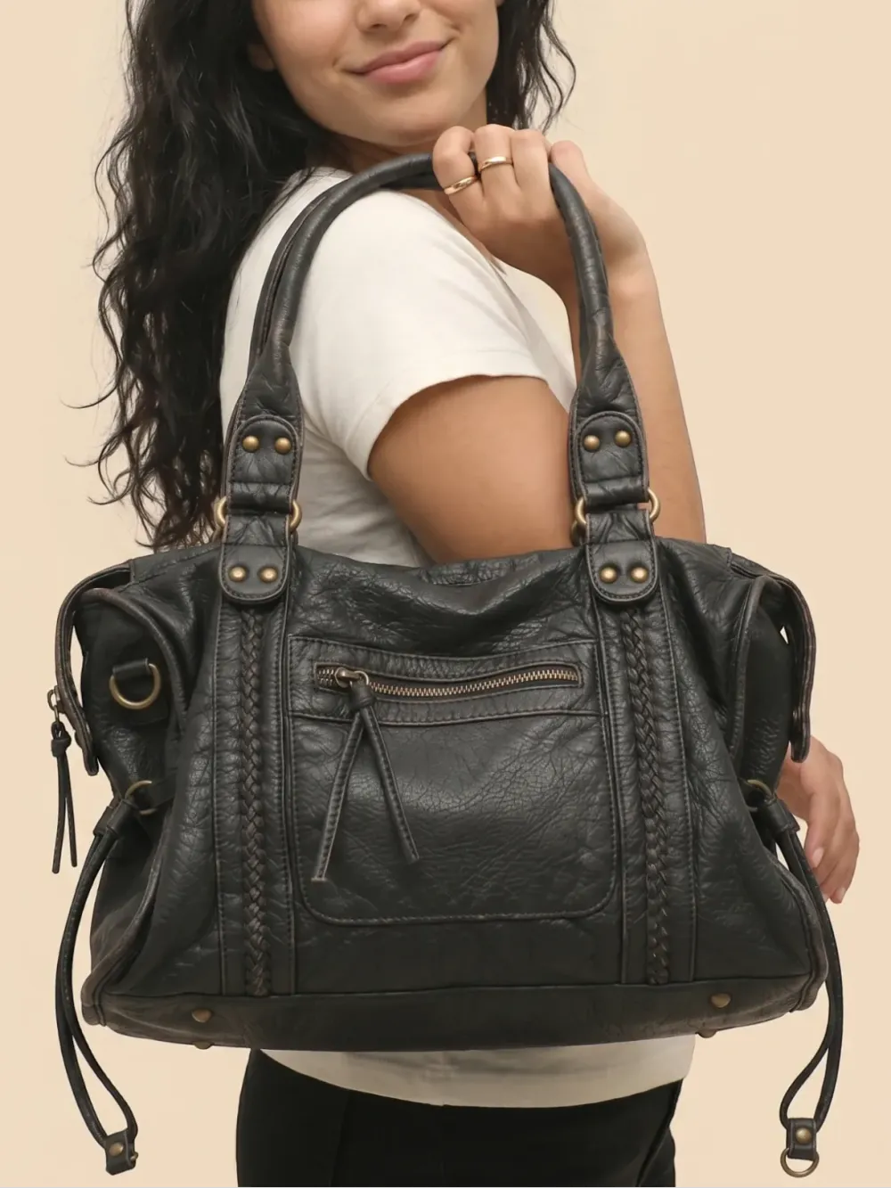 Vintage Grained Vegan Leather Tote Bag