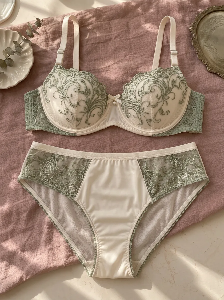 Women's Floral Embroidery Lace Embroidered Scalloped Lingerie Set