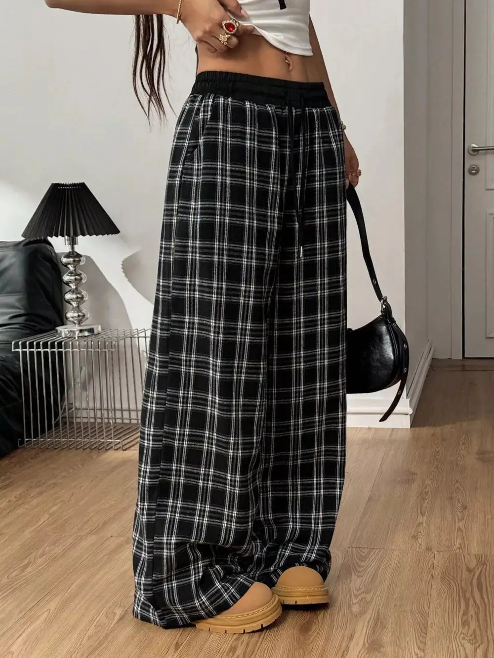 Plaid Wide Leg Pants With Elastic Waistband