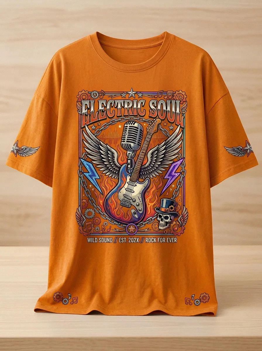 Unisex Rock Music Lover Electric Guitar Skull Printed T-shirt