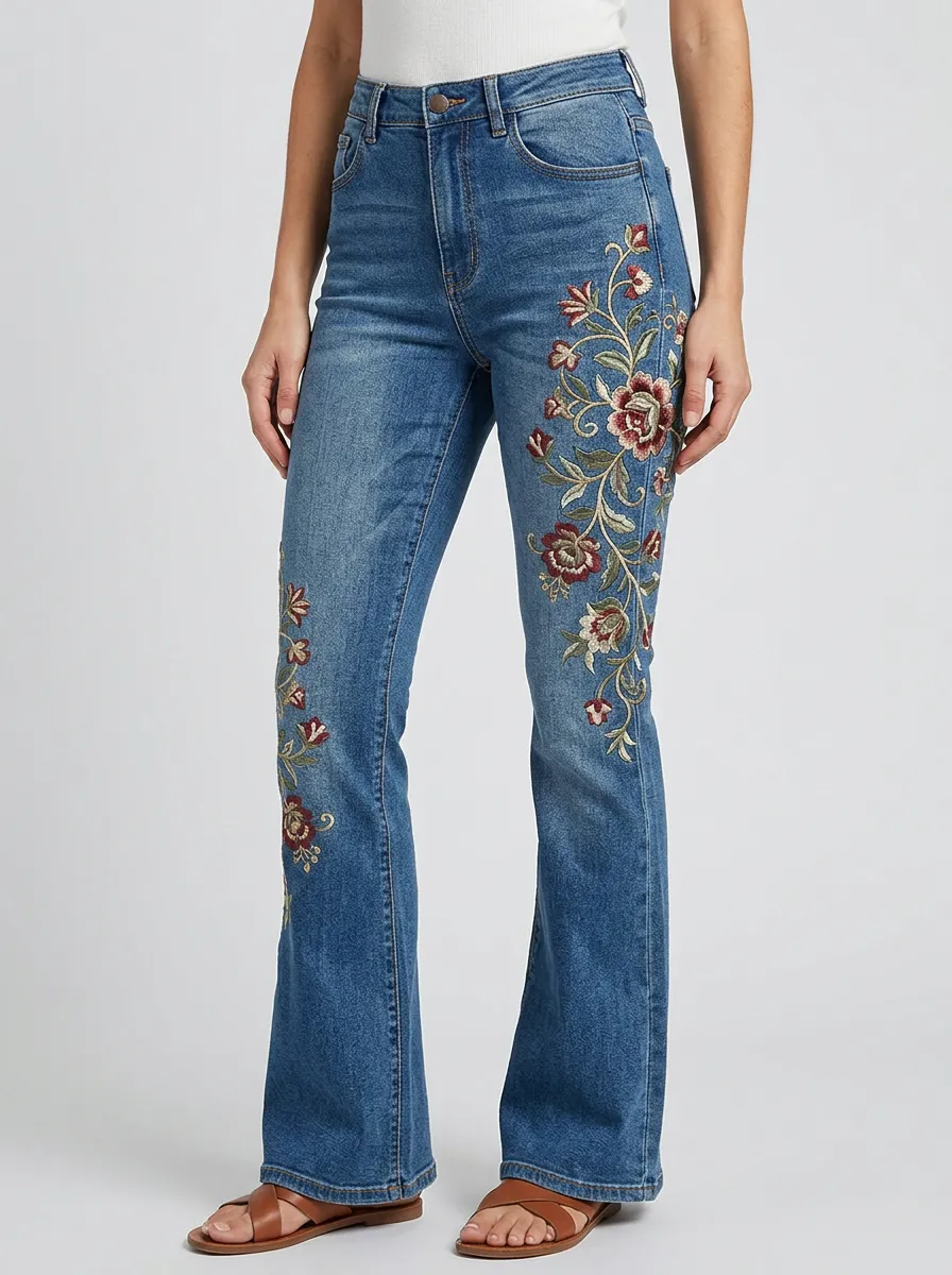 Women's Floral Embroidery High Waisted Embroidered Flare Jeans
