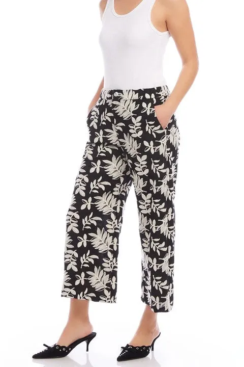Women's Black Leaf Print Cropped Wide Leg Pants