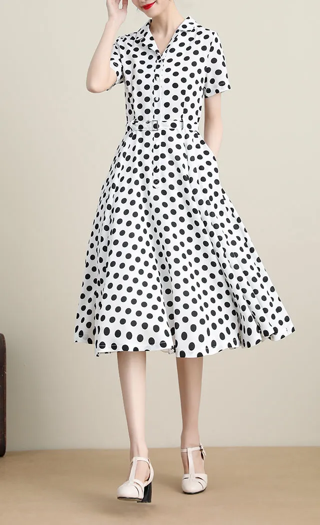 Polka Dot Chiffon Swing Shirt Short Sleeve Midi Dress