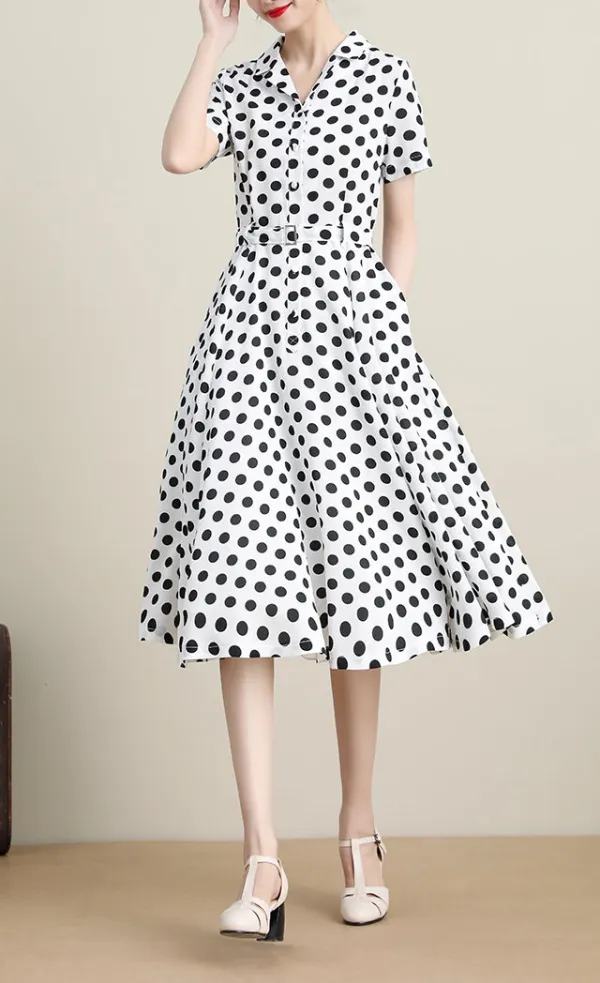 Polka Dot Chiffon Swing Shirt Short Sleeve Midi Dress