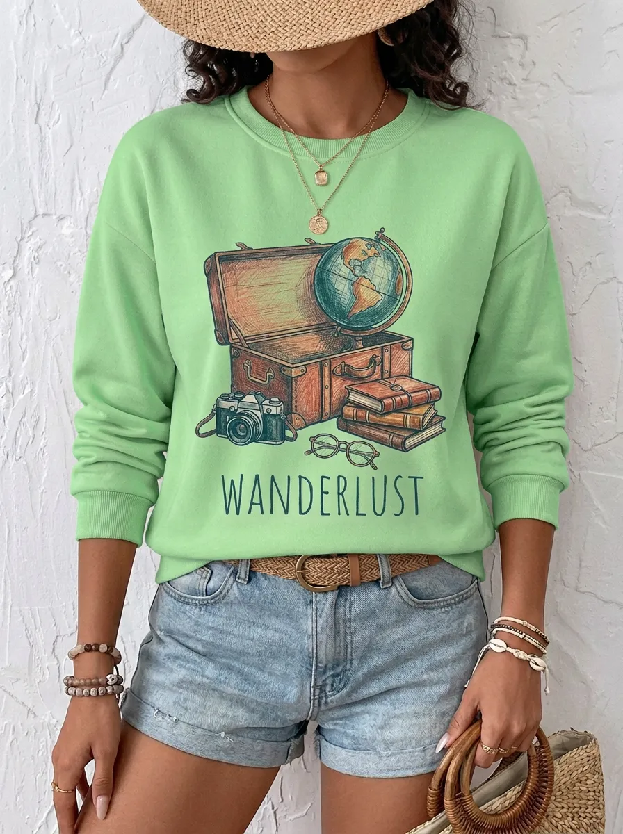 Women's Travel-Inspired Wanderlust Globe Camera Printed Sweatshirt
