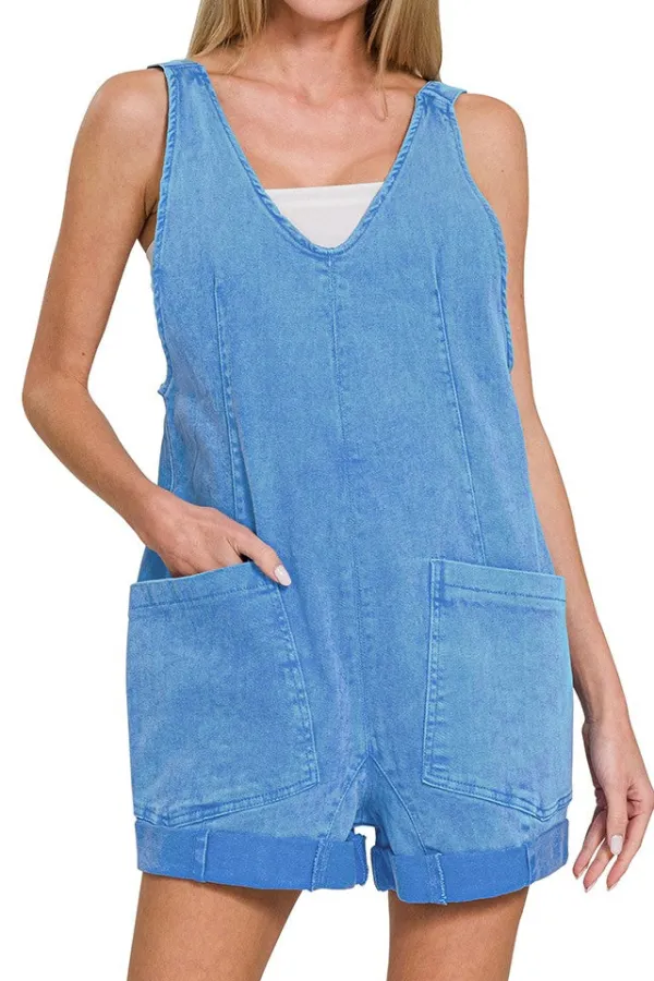 Washed Denim Romper With Pockets Ocean