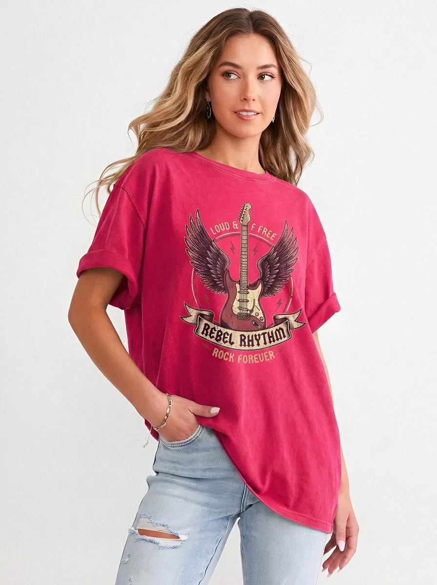Women's Rock Music Lover Winged Guitar Rebel Rhythm Printed T-shirt