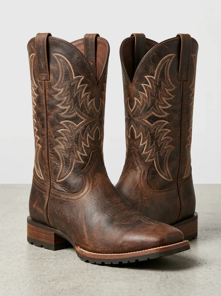 Heritage Embroidered Distressed Leather-Look Design Men's Western Cowboy Boots