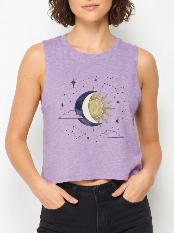 Women's Celestial Lover Sun Moon Constellation Printed Crop Tank Top