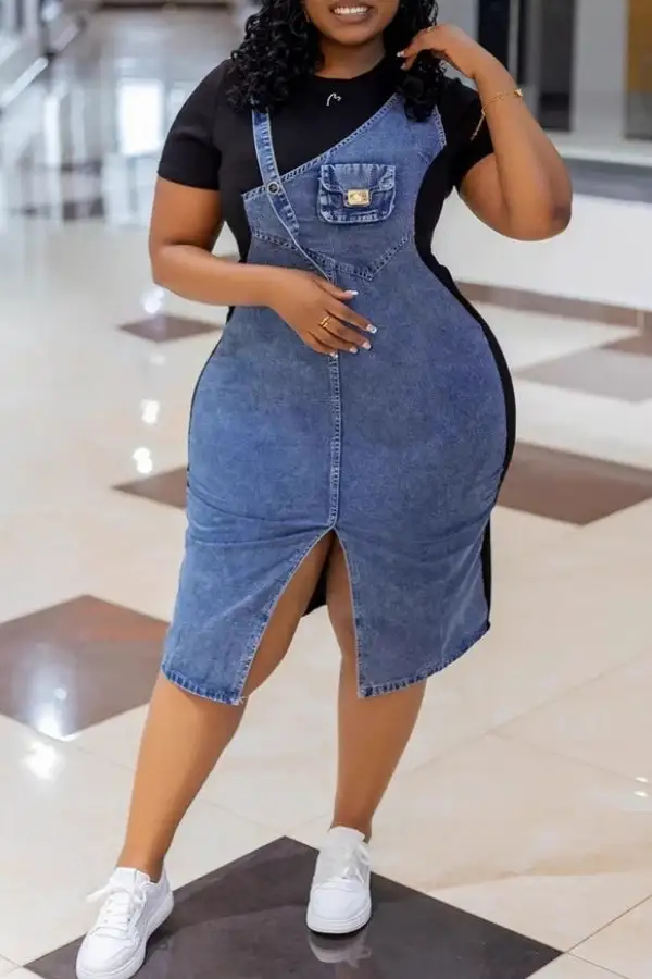 Denim Patchwork Colorblock Fake Two-Piece Midi Dress