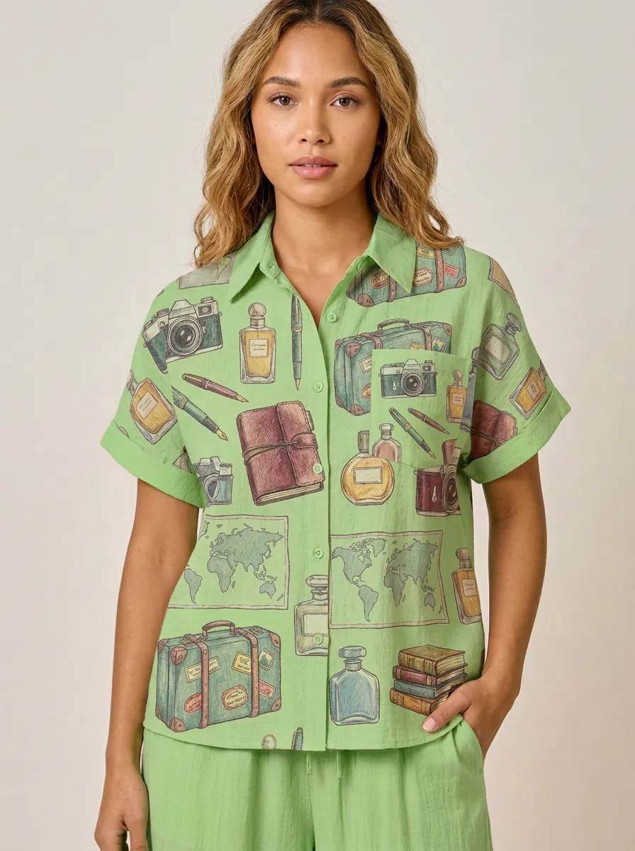 Women's Travel-Inspired Vintage Map Camera Printed Shirt