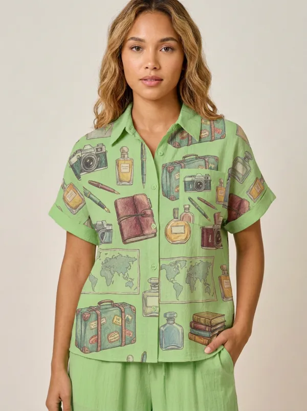 Women's Travel-Inspired Vintage Map Camera Printed Shirt