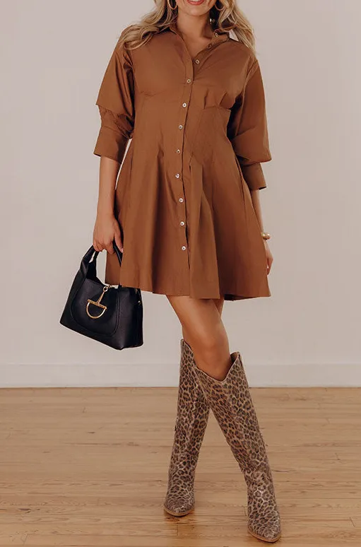 Pleated Collared Three-Quarter Sleeve Fitted Mini Dress