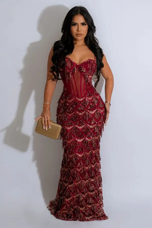 Cami Corset Sequin Fringed Gowns Maxi Dresses-Champagne