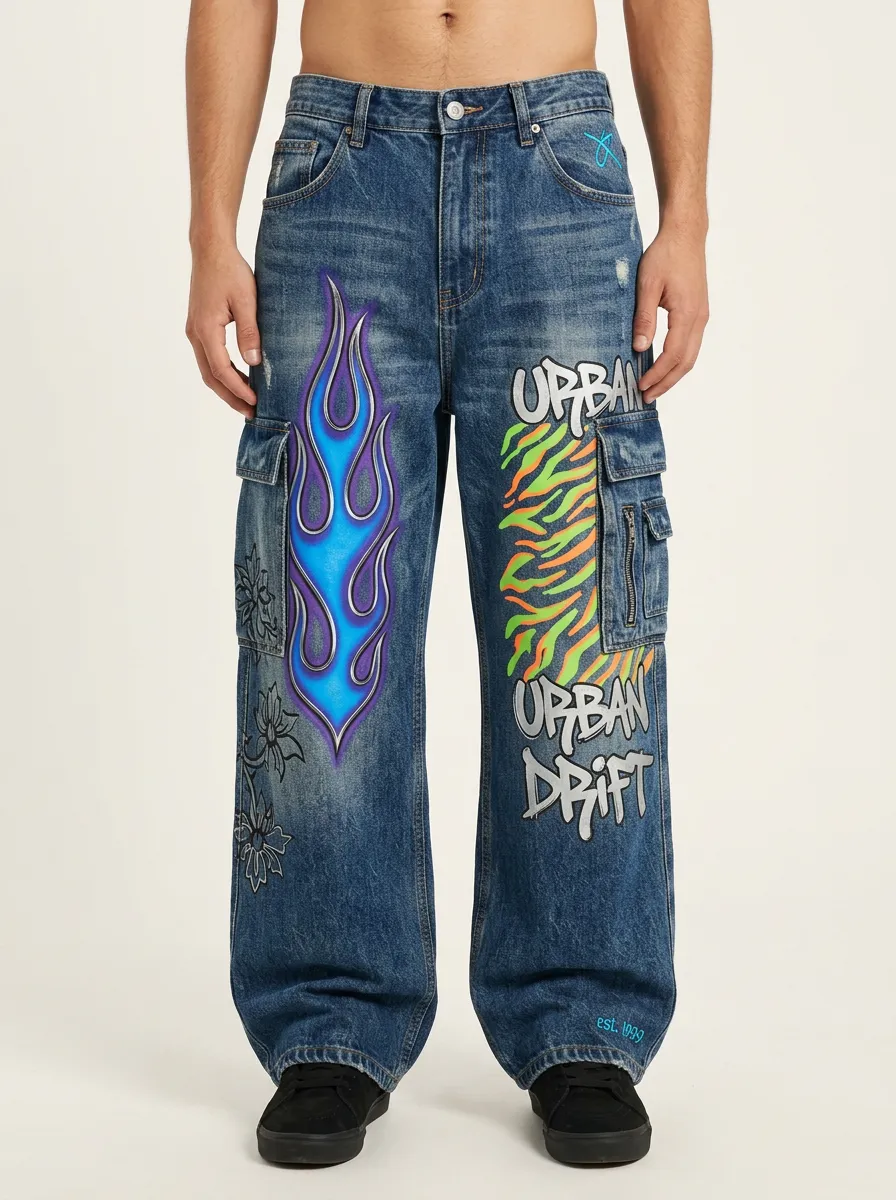 Men's Streetwear Urban Drift Flame Zebra Graphic Cargo Jeans