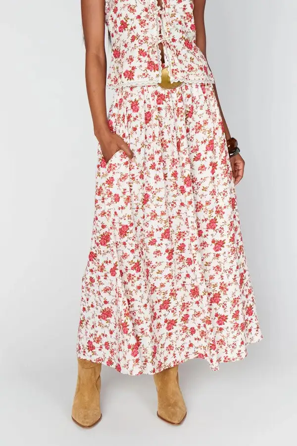 Women's Red Floral Print Flowy Maxi Skirt