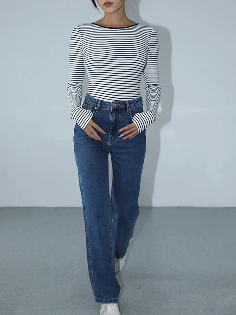 Striped Backless Long Sleeve Bodysuit