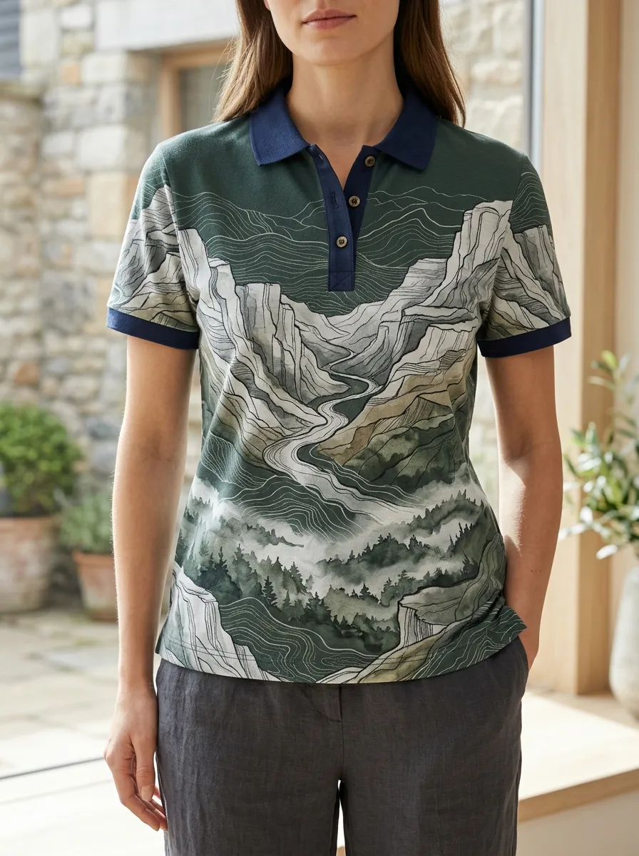 Women's Nature Lover Mountain Forest Landscape Printed Polo Shirt