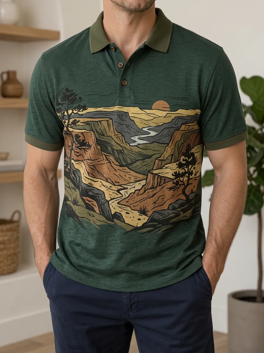 Men's Nature Lover Grand Canyon Landscape Printed Polo Shirt Relaxed Daily Style