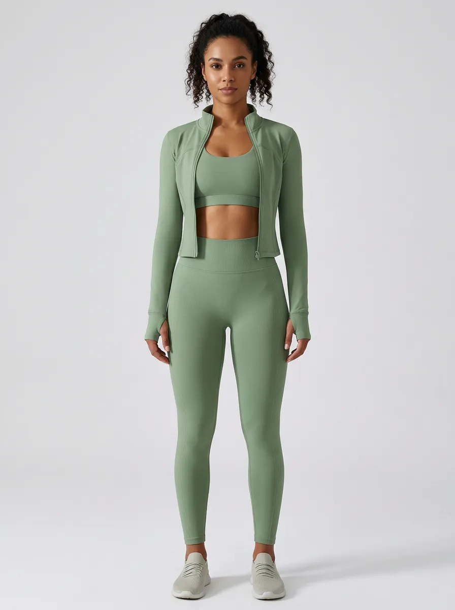 Urban Ribbed Texture Seamless Design Activewear Women's Three Piece Activewear Set