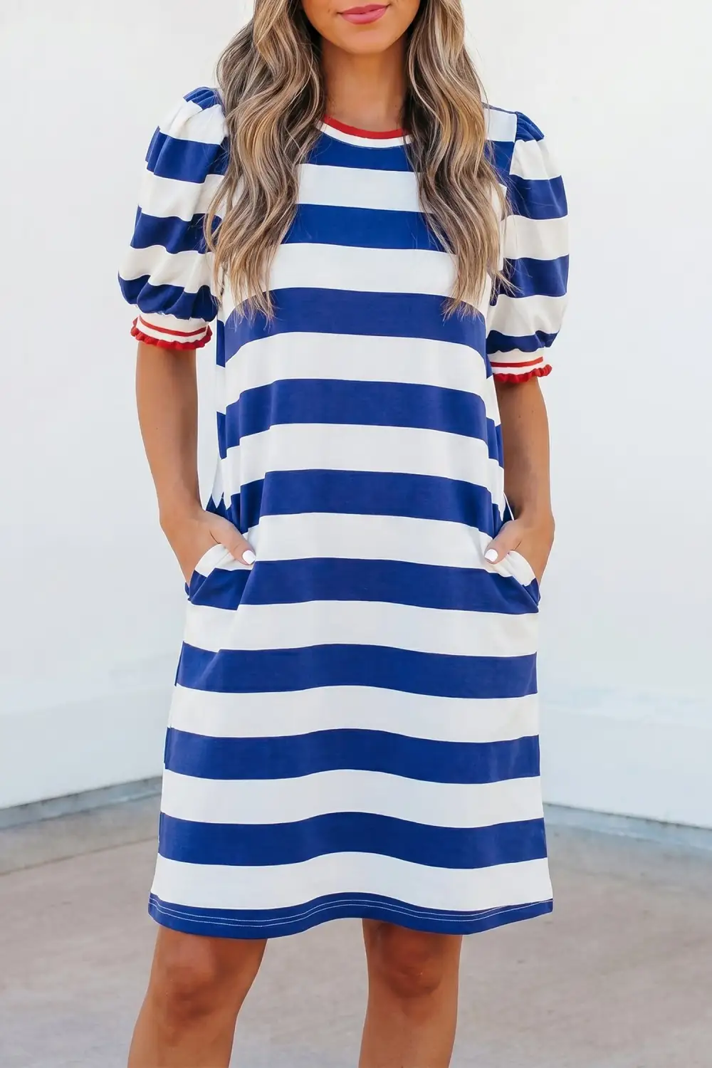Women's Striped Round Neck Puff Sleeve Shift Mini Dress