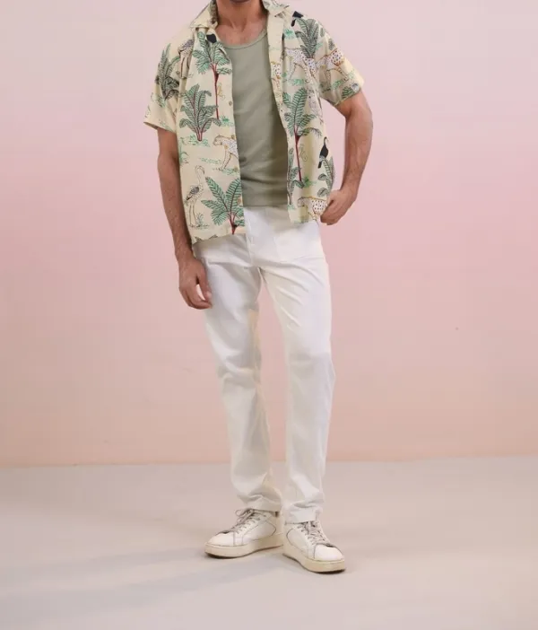 Beige Jungle Print Mulmul Cotton Camp Collar Shirt