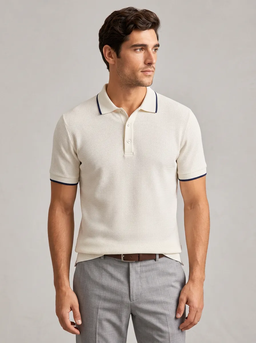 Men's Equestrian Lover Horse Pattern Printed Waffle-Knit with Contrast Trim Polo Shirt