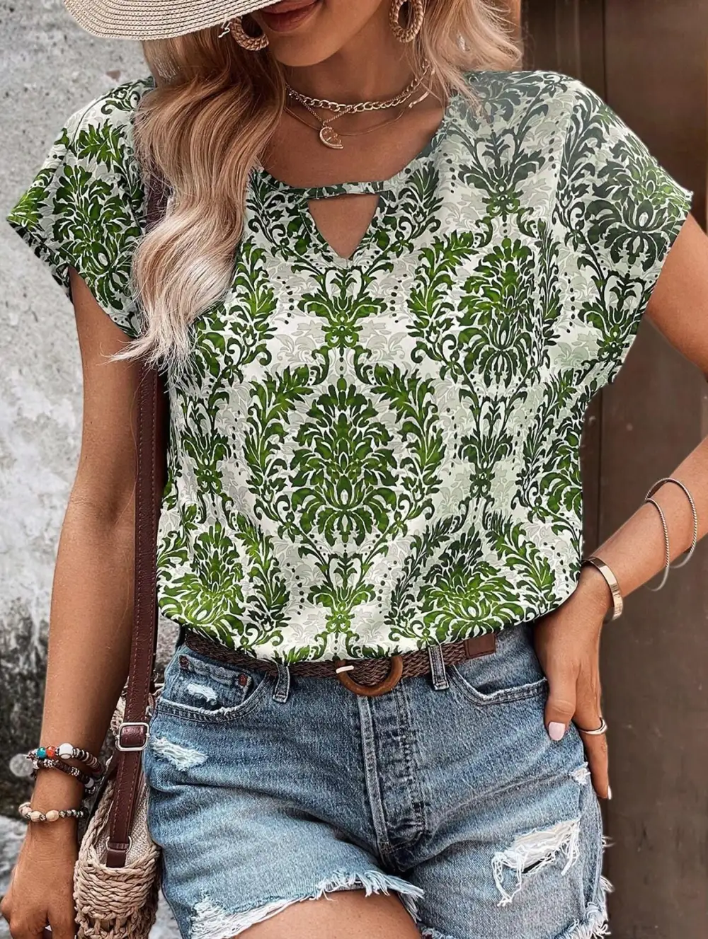 Print V-Neck Batwing Sleeve Top