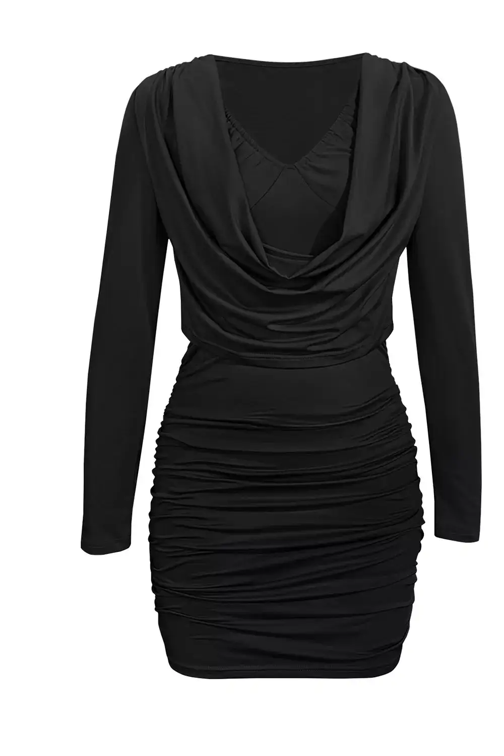 Ruched Cowl Neck Long Sleeve Mini Dress