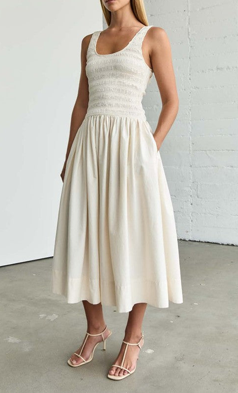 White Smocked Waist Flare Midi Dress