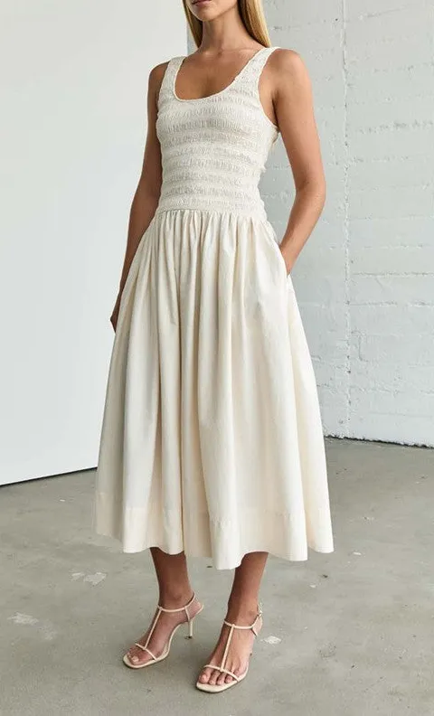 White Smocked Waist Flare Midi Dress