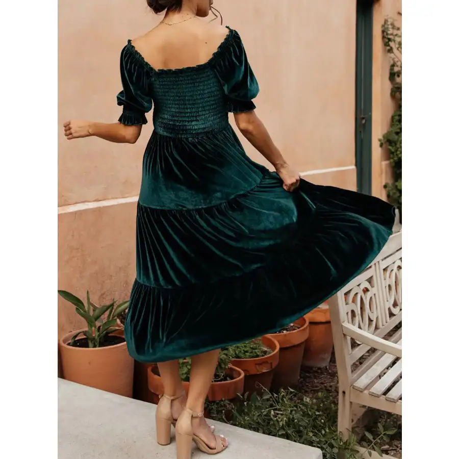 Velvet Smocked Tiered Midi Dress
