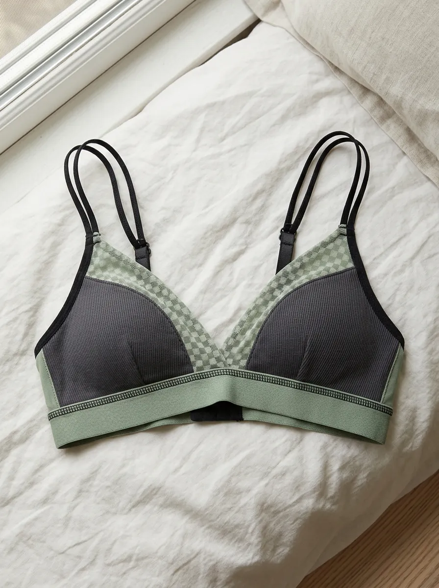 Women's Sage Green Checkerboard Ribbed Printed Bralette