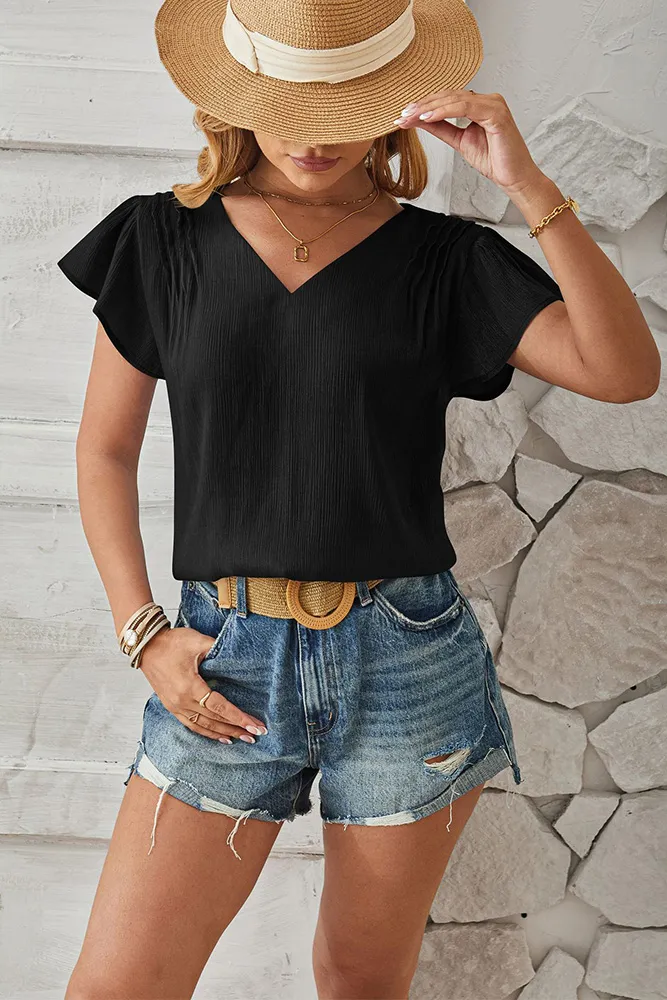 Texture V Neck Flare Sleeves Blouse