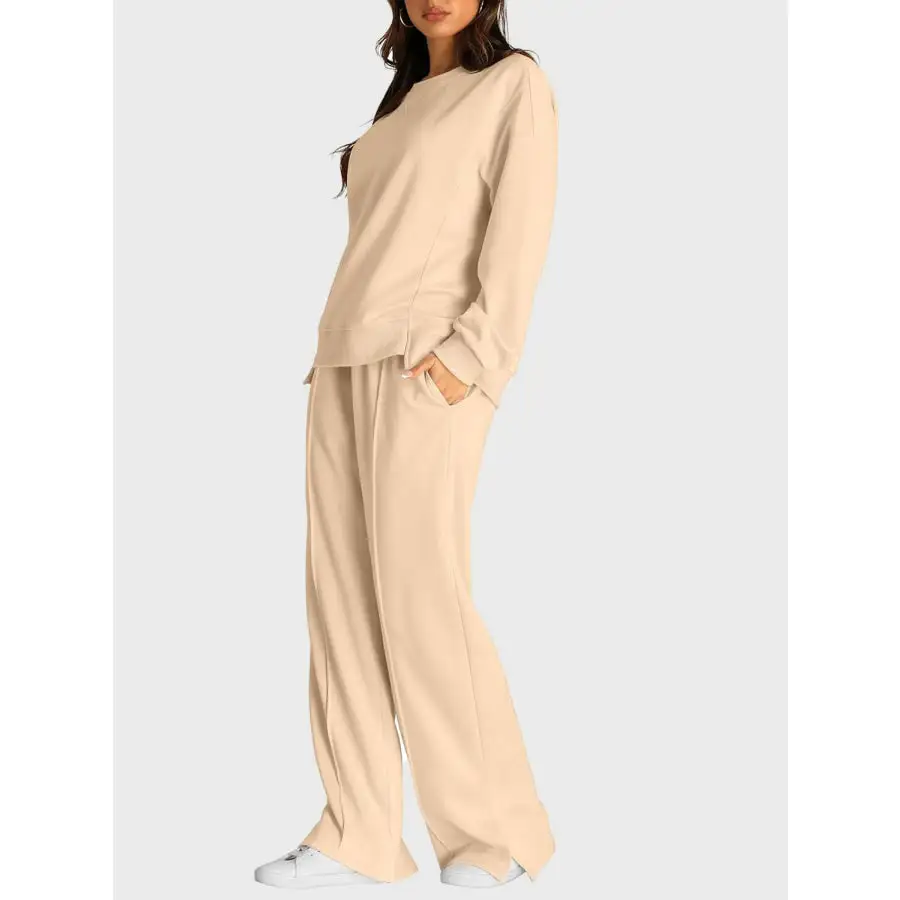 Round Neck Long Sleeve Top and Slit Pants Set