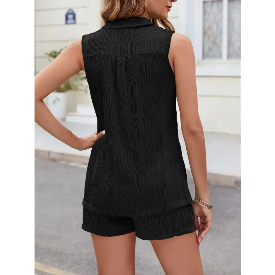 Textured Johnny Collar Top and Shorts Set
