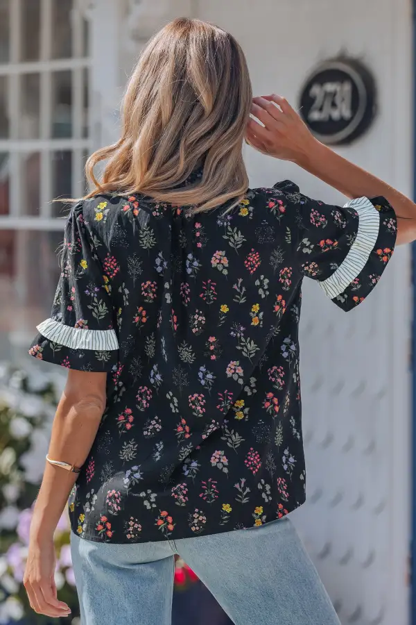 Women's Floral Print Short Sleeve Frilled Top
