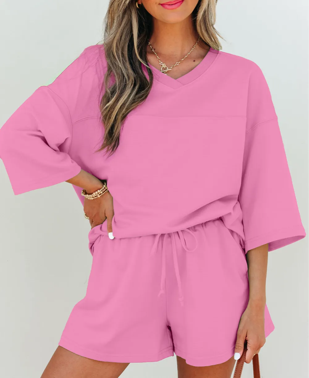 Women's Solid Loose V Neck Half Sleeve Tee and Shorts