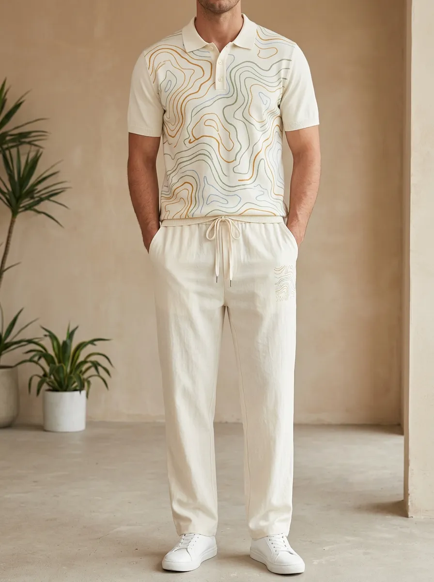 Men's Abstract Topographic Line Printed Casual Set