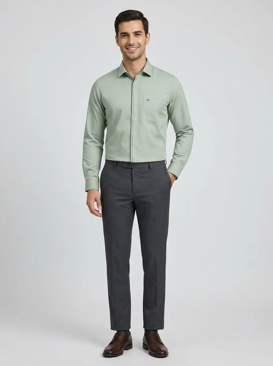 Men's Non-Iron Cotton Sage Green Logo Embroidered Long Sleeve Shirt