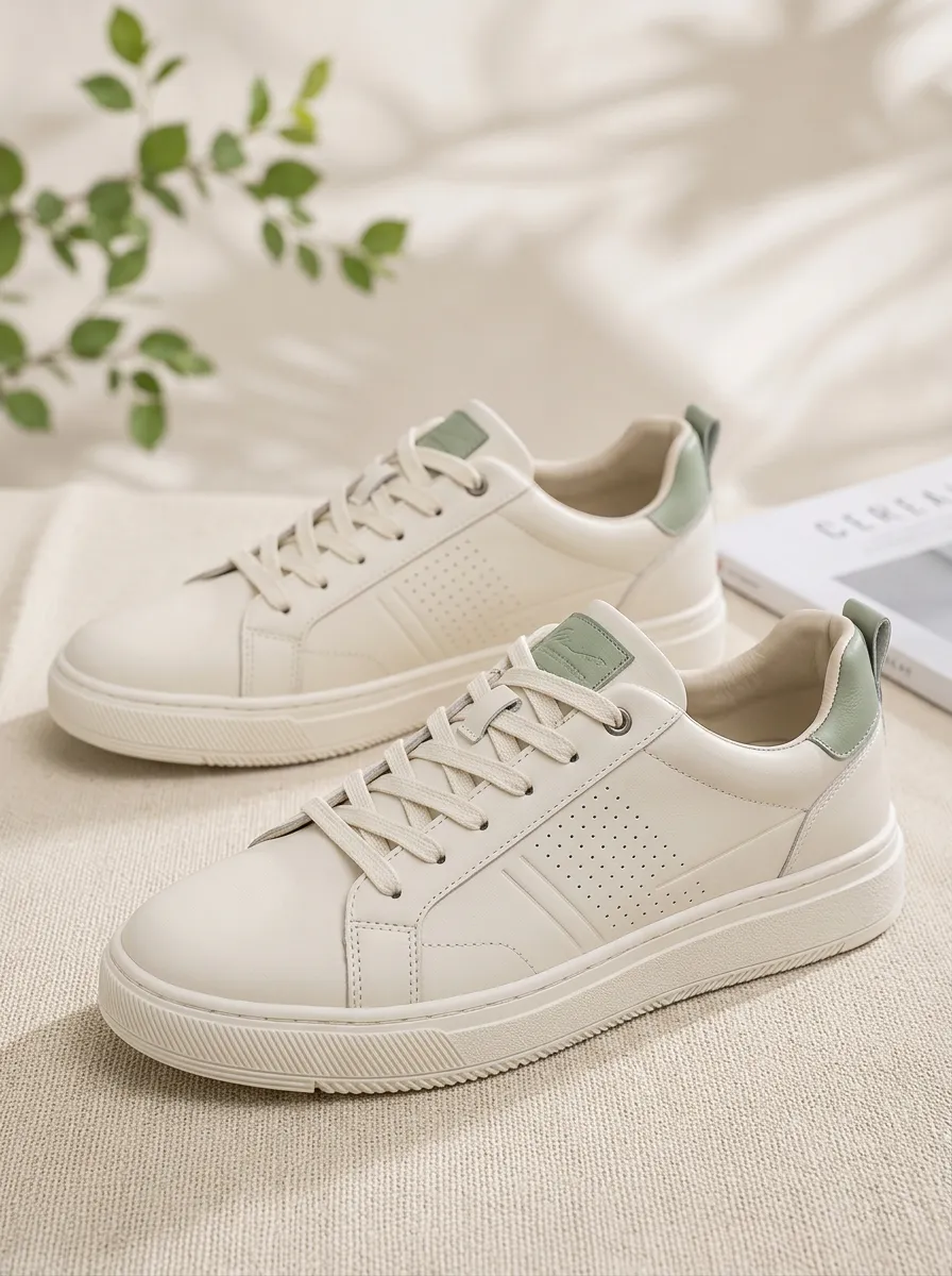 Men's Minimalist Beige Green Accent Perforated Casual Sneakers