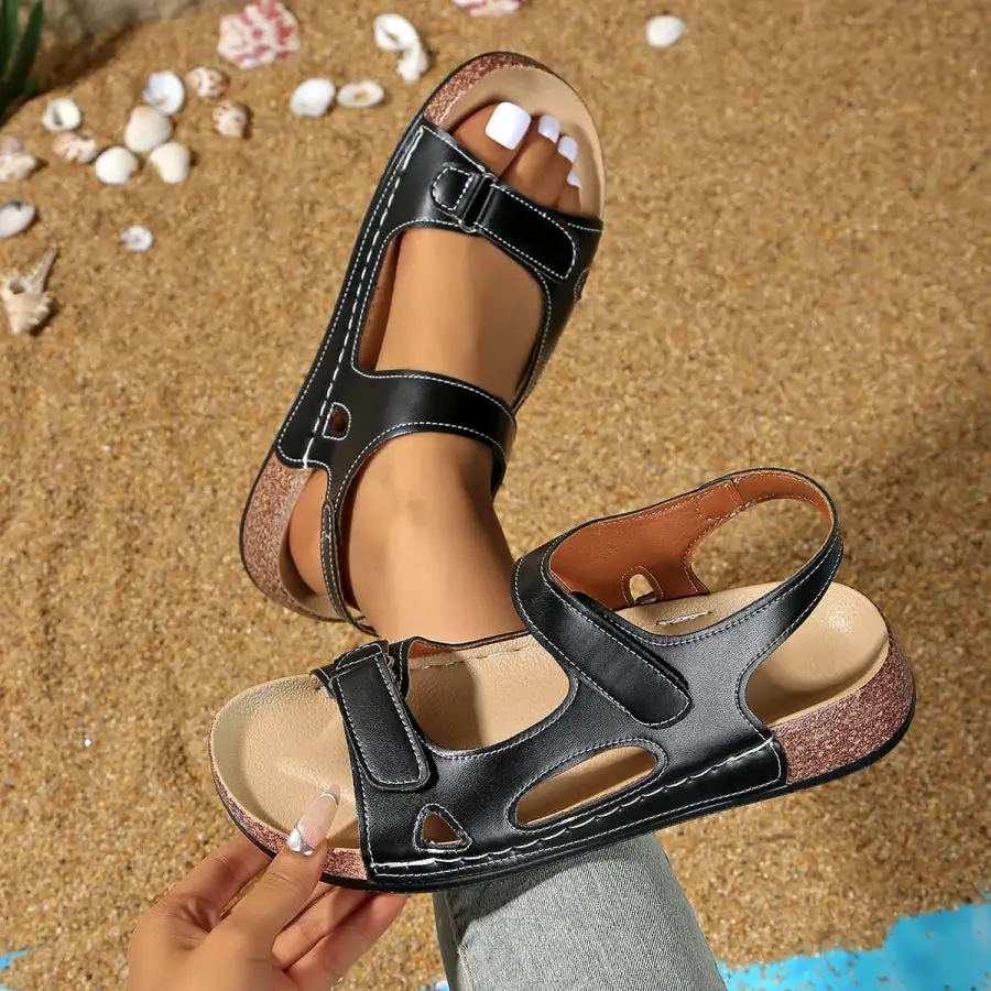 Buttoned Open Toe Wedge Sandals