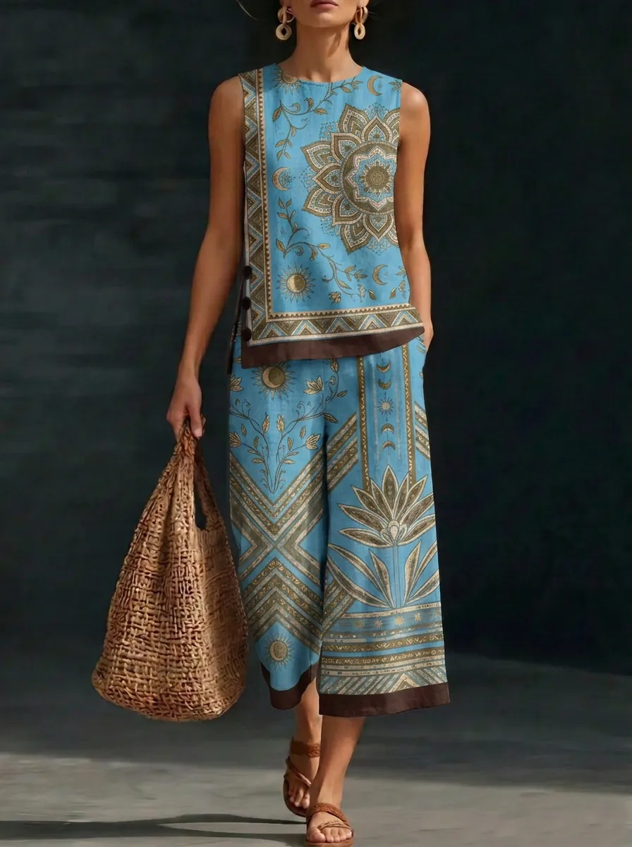 Women's Bohemian Mandala Sun Printed Sleeveless Set
