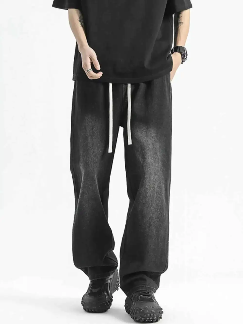 Washed Wide Leg Drawstring Jeans