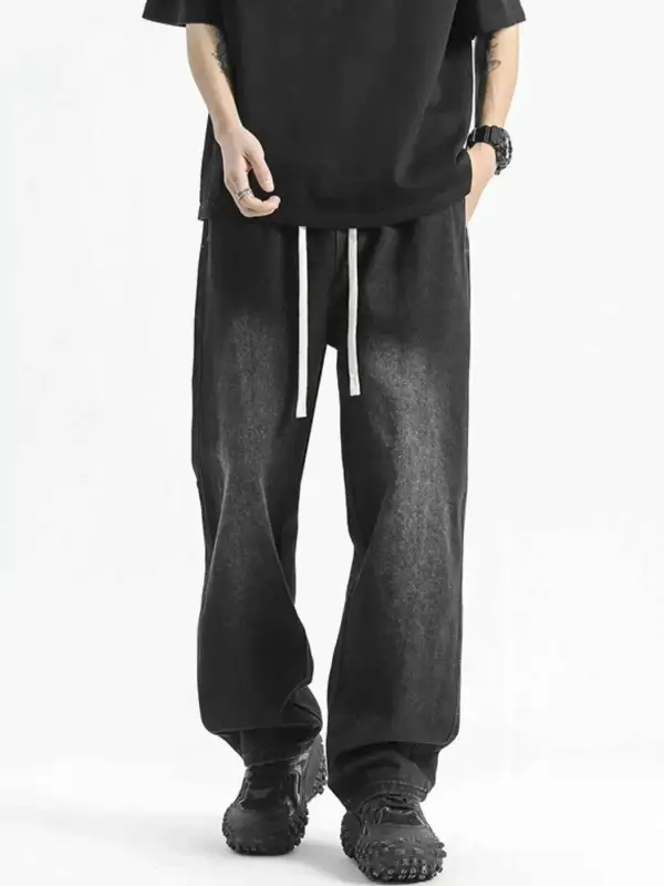 Washed Wide Leg Drawstring Jeans